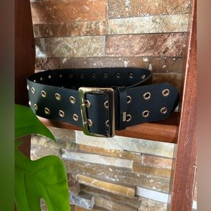 BEBE Black synthetic leather and gold eyelet belt Medium